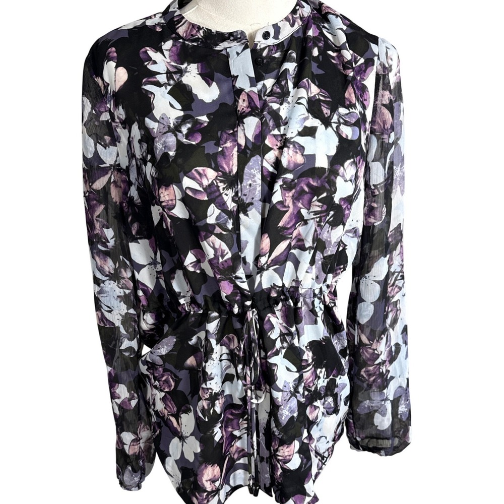 Simply Vera  Wang Purple Floral Chiffon Drawstring Waist Blouse Petite Medium